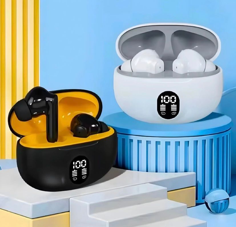 TWS Bluetooth 5.3 Wireless Earbuds with LED Display - ENC Noise Cancellation, HiFi Stereo Sound, Touch Control - Black & White