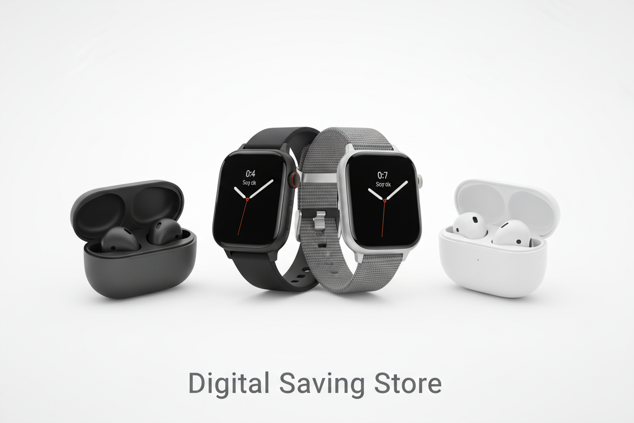 Give me 1 professnom them simple and clean white backround for my shopify store smart watches and earbuds 2 watches centre and one side earbuds and second side again earbuds and my store name is Digital saving store 